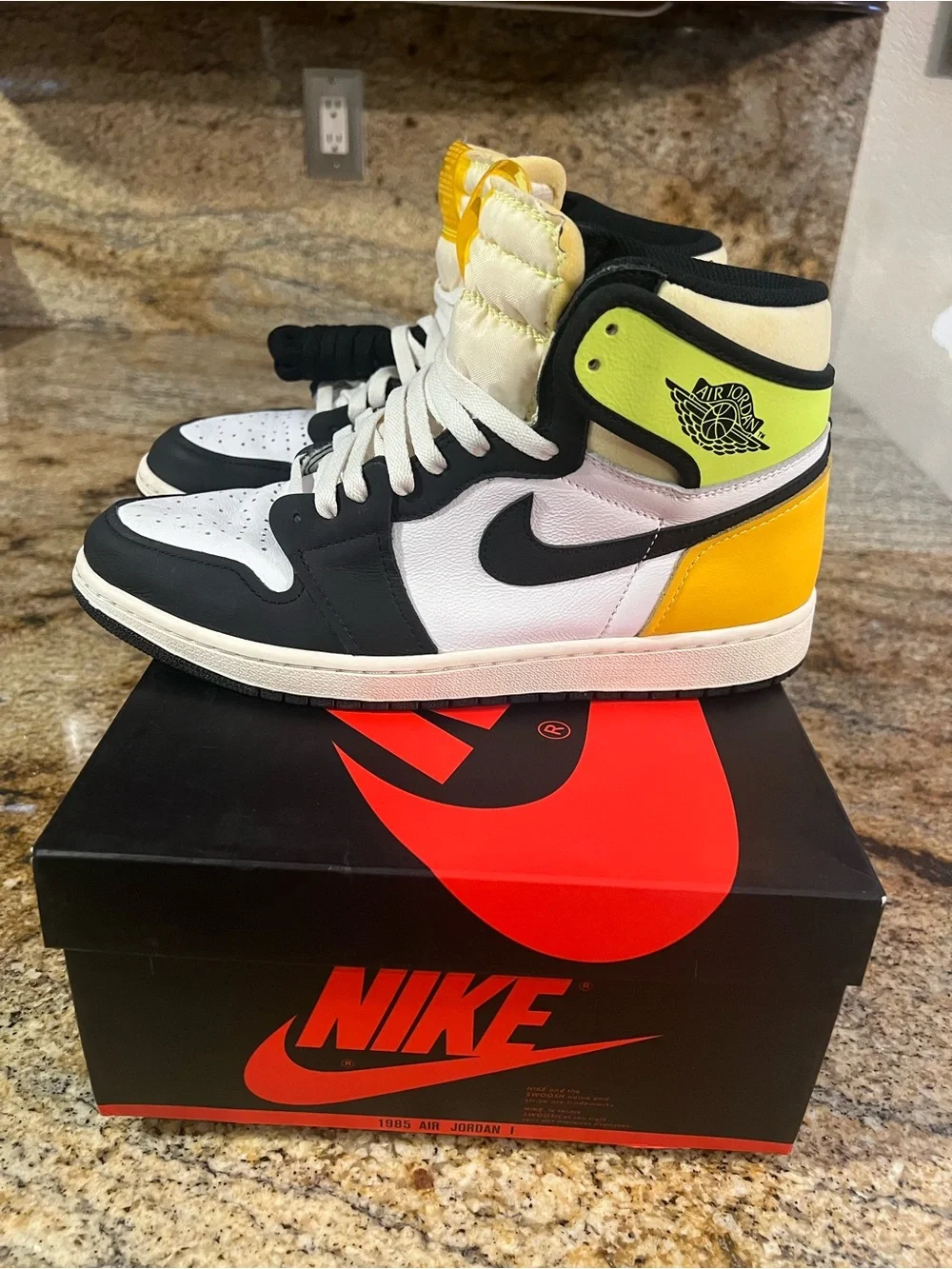Jordan High-Top Sneakers in White, Black, Yellow & Neon Green